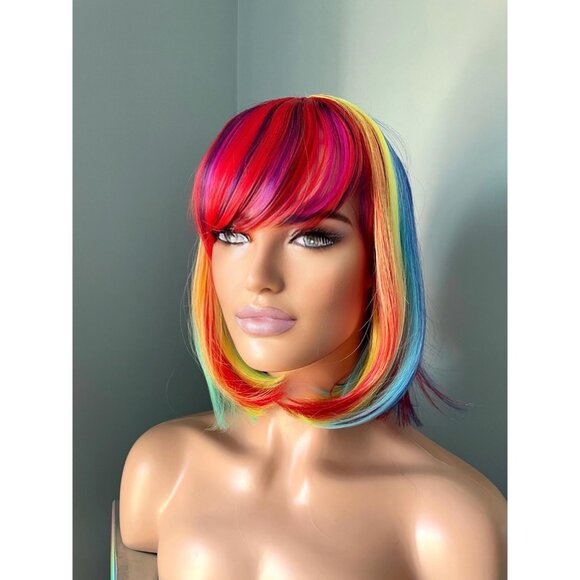Rainbow Wig Short Wig Bright Colourful Clown Wig with Bangs 10 inch Bob Wig - Picture 3 of 9